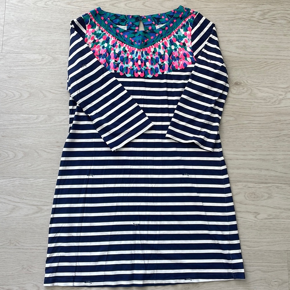 Lilly Pulitzer blue and white stripe dress with pattern yoke around neck size L